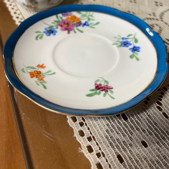 Limoges China White Floral Teacup & Saucer Gold Scroll England Blue Border Vtg - Picture 14 of 14